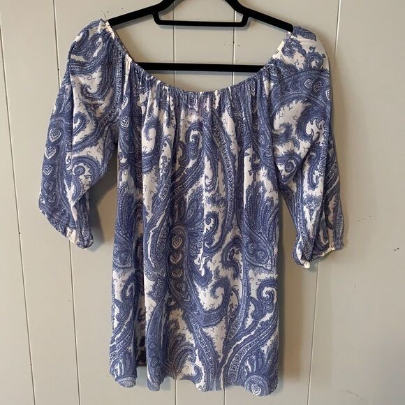 Sweet Pea Blue & White Paisley Boho Top Medium - Picture 1 of 2